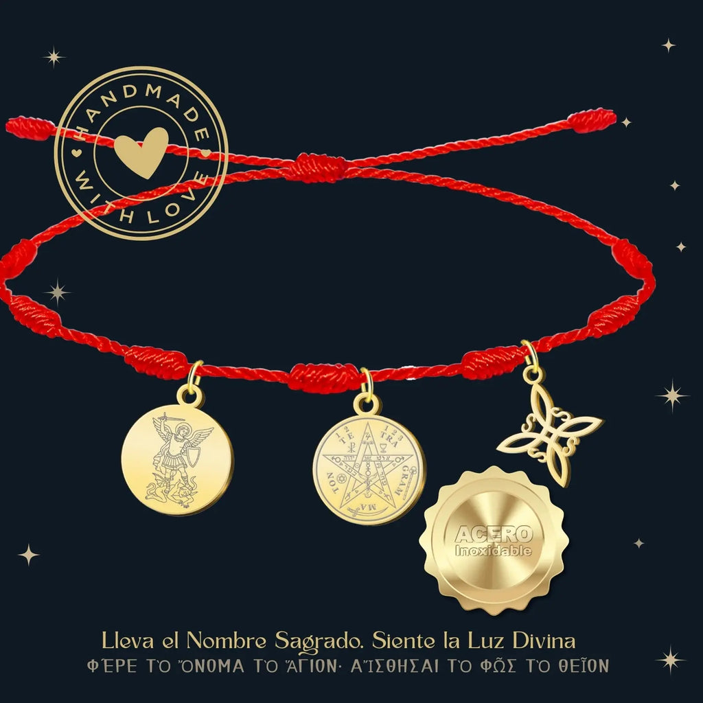 Pulsera 7 Nudos con Colgante Dorado: Tetragrammaton, Nudo de Bruja y San Miguel - cotigo