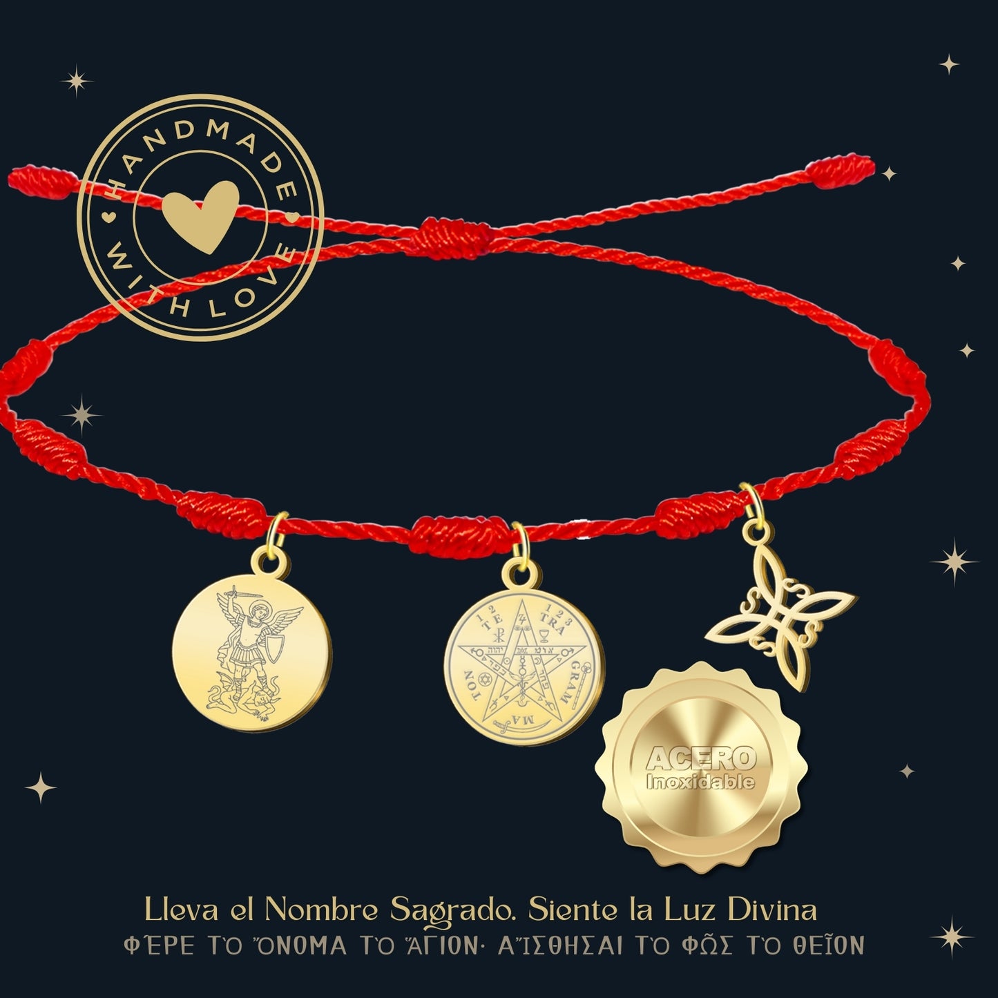 Pulsera 7 nudos con Nudo de Bruja y Tetragramatón, y San Miguel Arcángel Dorado Acero Inoxidable