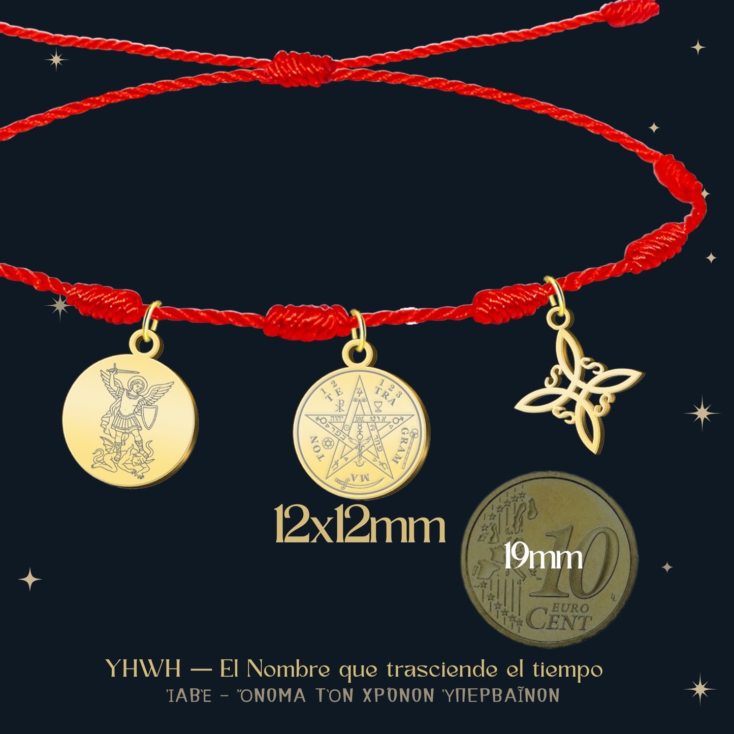 Pulsera 7 nudos con Nudo de Bruja y Tetragramatón, y San Miguel Arcángel Dorado Acero Inoxidable