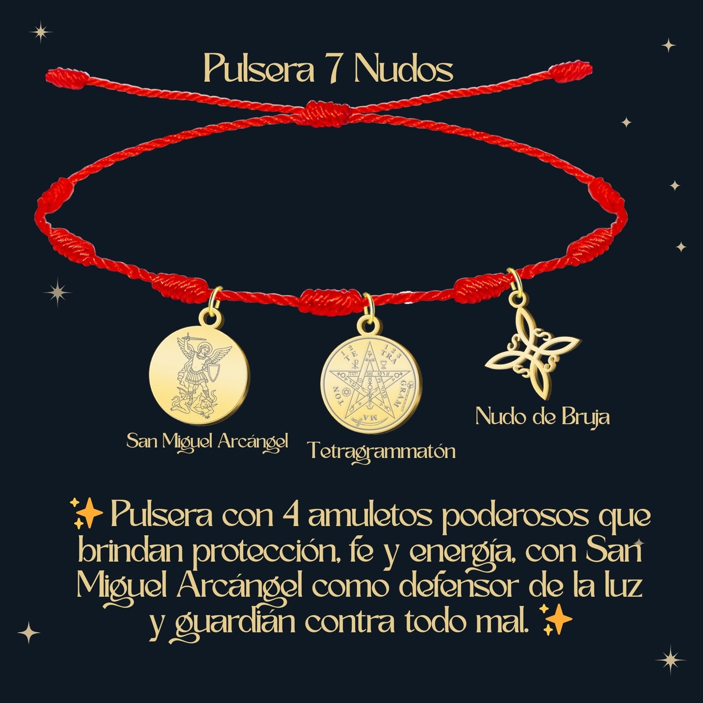 Pulsera 7 nudos con Nudo de Bruja y Tetragramatón, y San Miguel Arcángel Dorado Acero Inoxidable