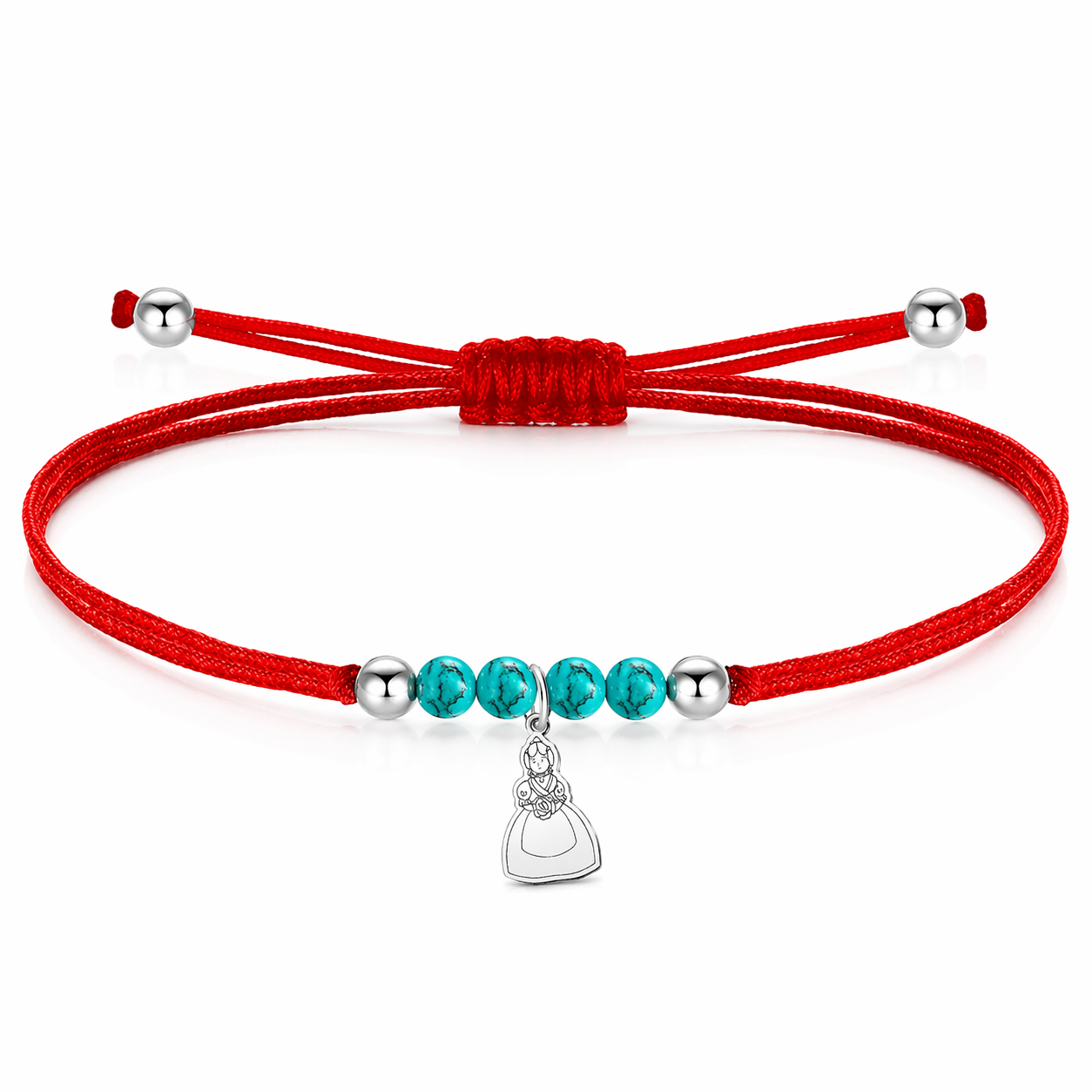 Pulsera de hilo rojo ajustable con colgante de fallera en tono plateado