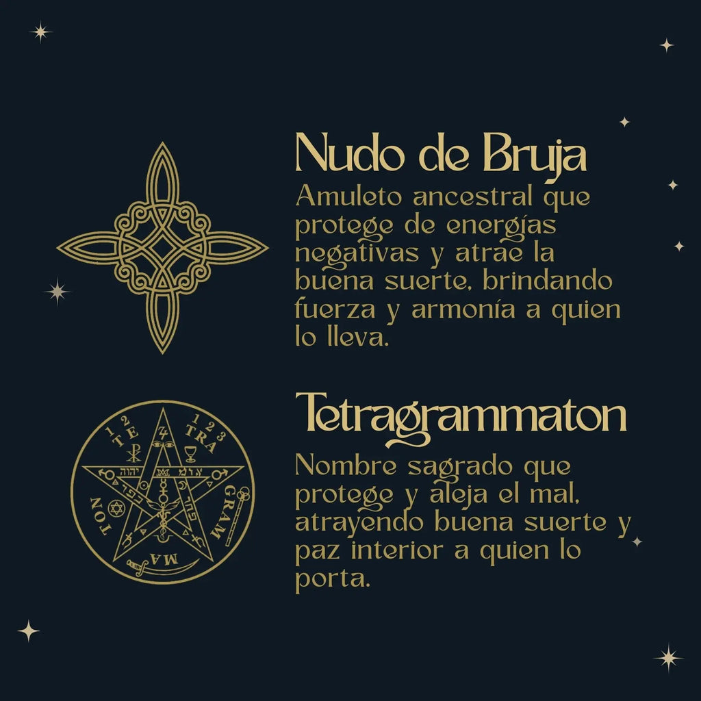 Pulsera 7 Nudos con Colgante Plateado: Tetragrammaton, Nudo de Bruja y San Benito - cotigo