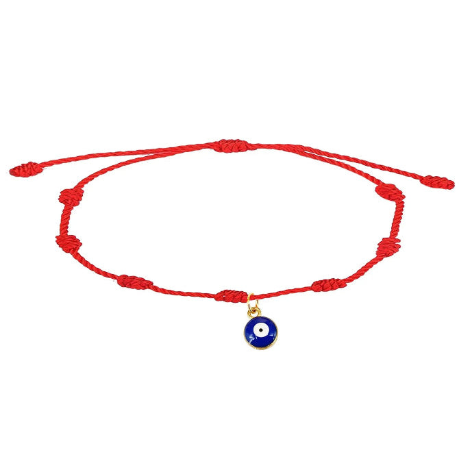Pulsera roja de 7 nudos con colgante de ojo turco azul y cordón ajustable.