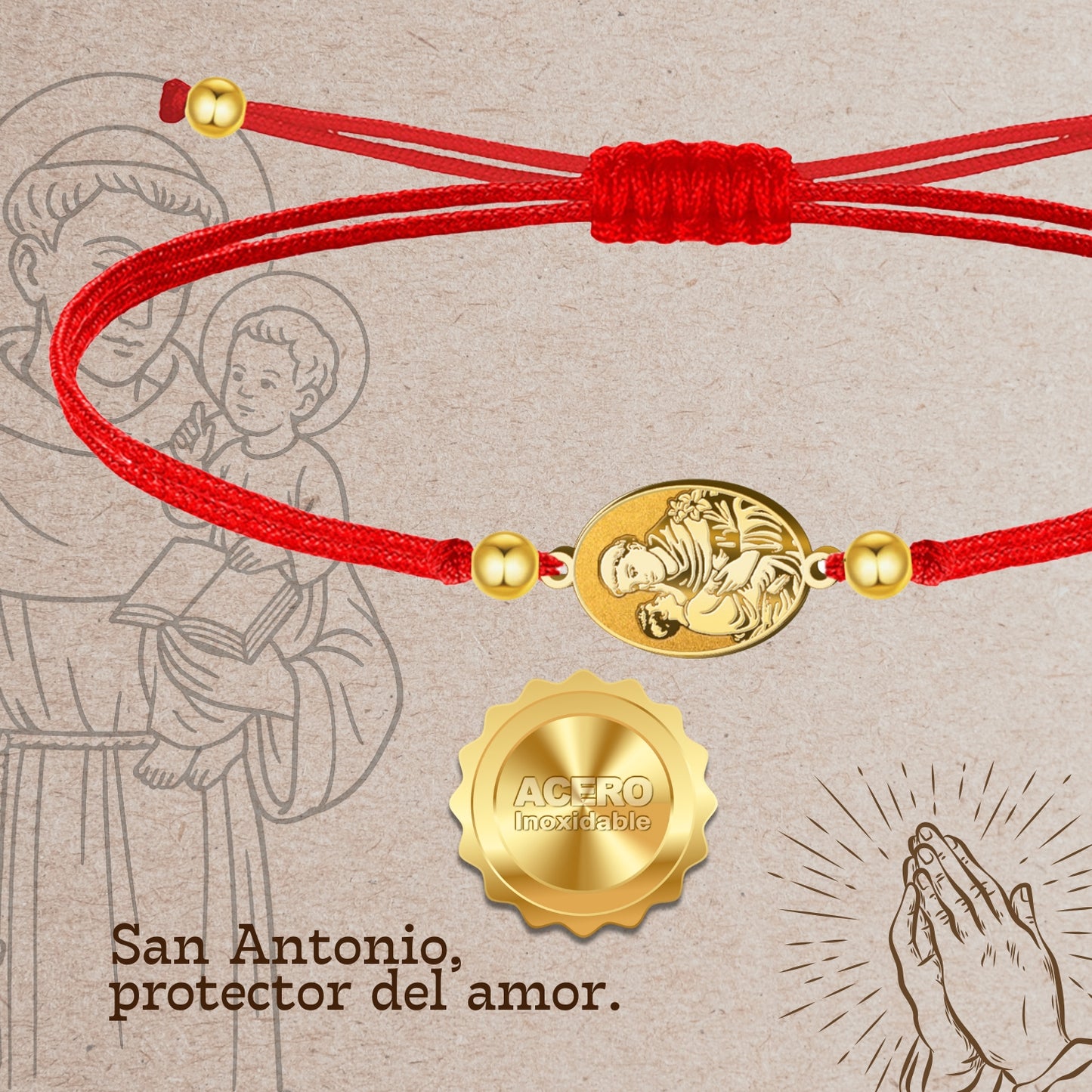 Pulsera Hilo Encerado con SAN ANTONIO color Dorado