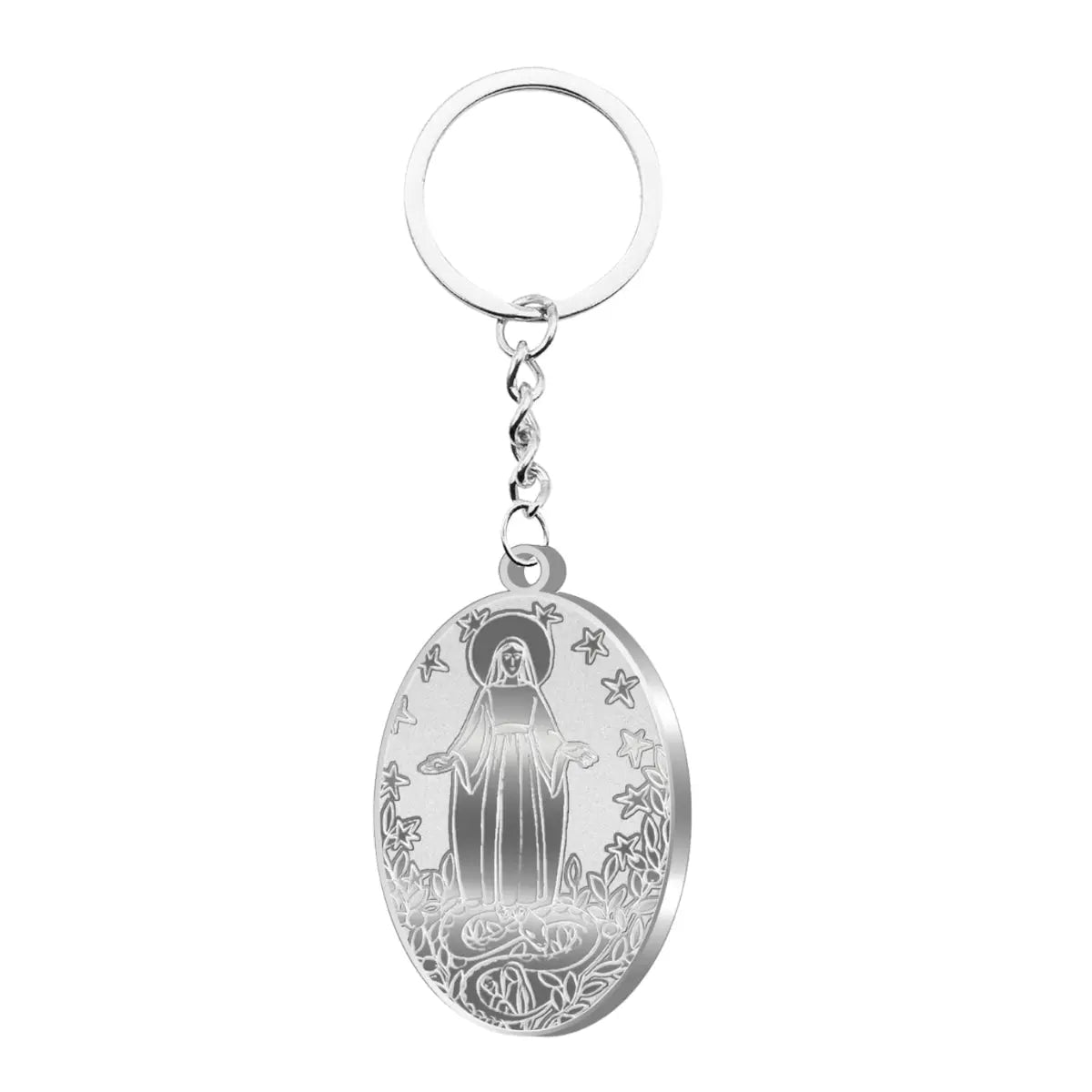 Llavero religioso medalla Virgen de Fátima y Milagrosa en acero inoxidable plateado detalle regalo