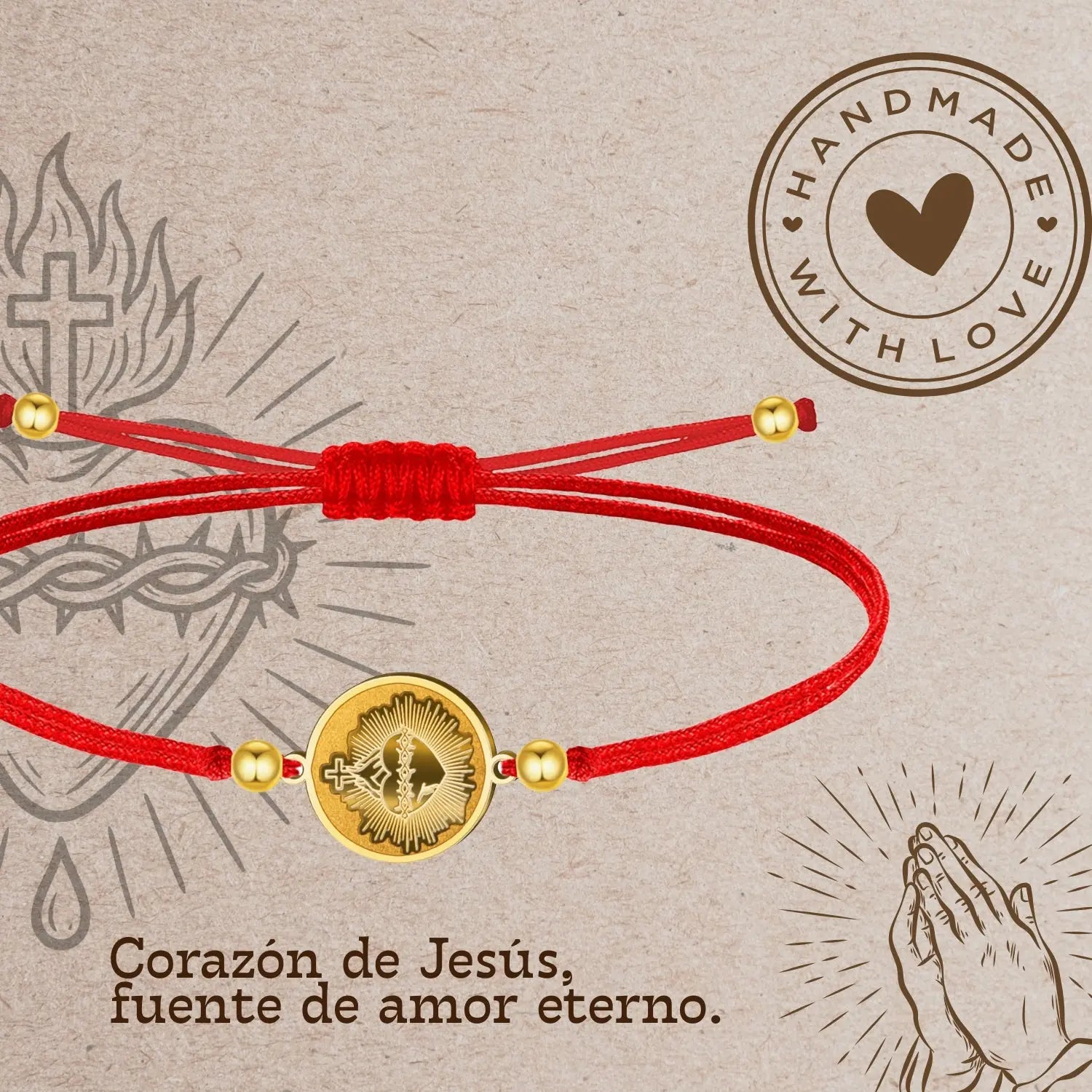 Pulsera Hilo Encerado con CORAZON DE JESUS color Dorado - cotigo