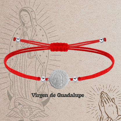 Pulsera Hilo encerado Rojo-Virgen Guadalupe Plateado