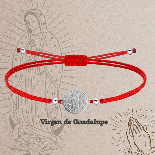 Pulsera Hilo encerado Rojo-Virgen Guadalupe Plateado