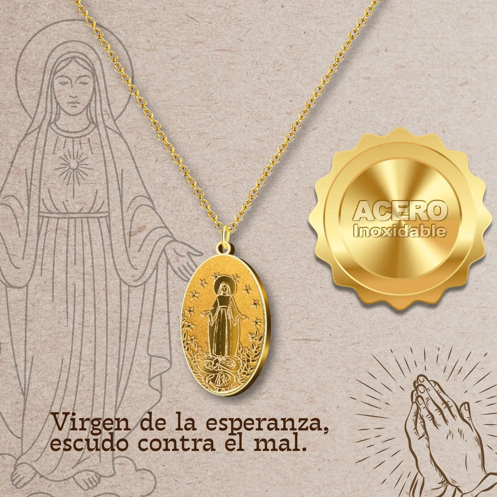 Collar Virgen de Fátima con Medalla en Acero Dorado detalle