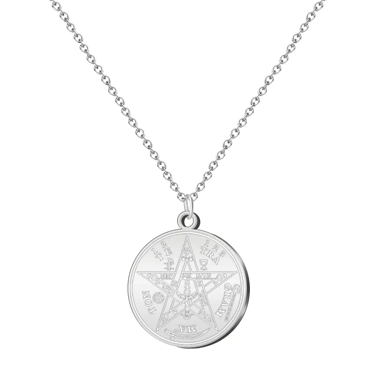 Colgante de acero plateado estilo talismán: Nudo de Bruja superior conectado a una medalla sólida redonda con el Tetragramatón grabado en superficie.
