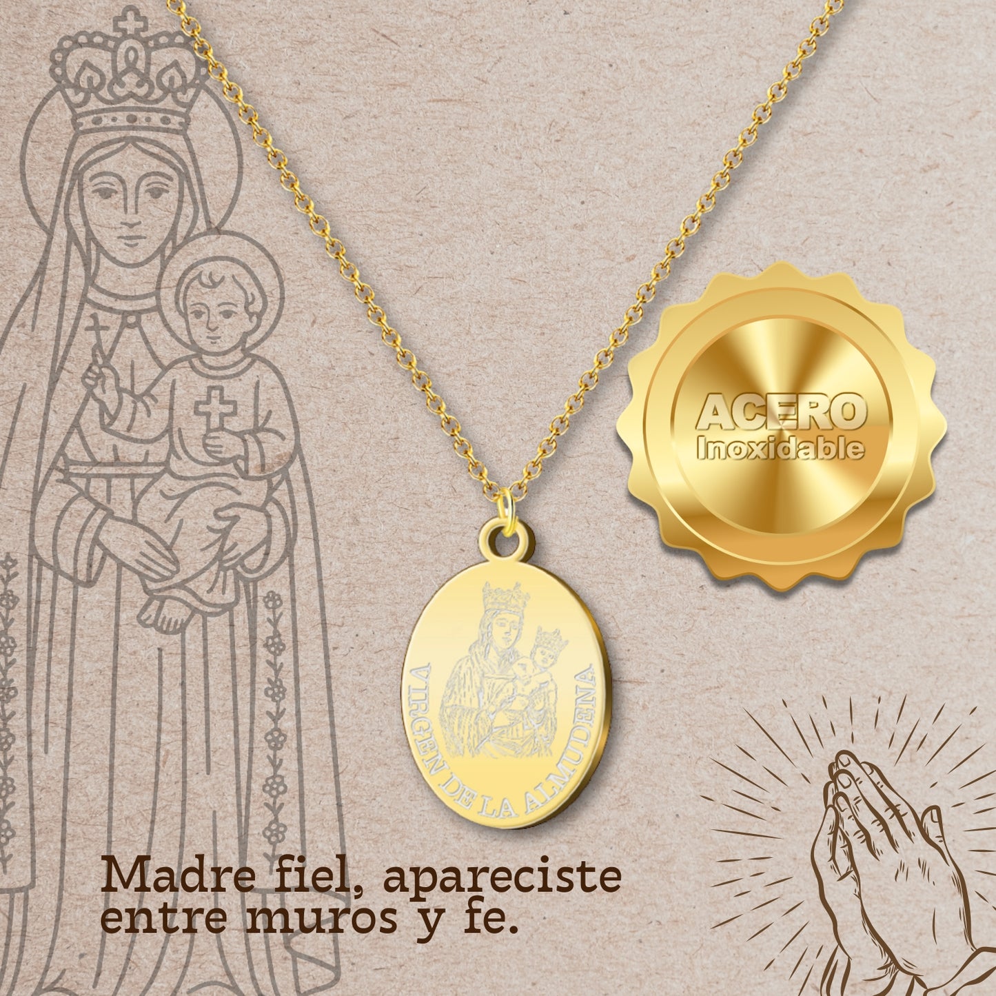 Colgante Virgen de la Almudena Acero Dorado