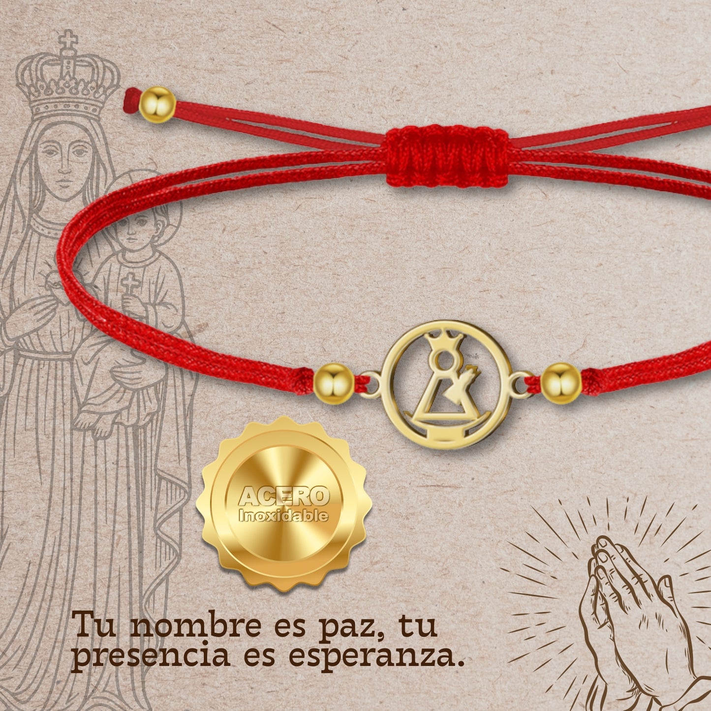 Pulsera Hilo encerado con  Virgen del Remedio Acero Dorado