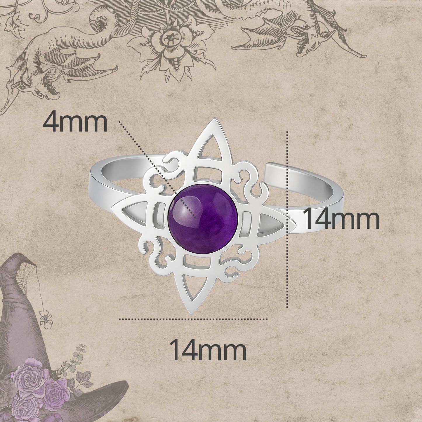 Anillo Nudo de Bruja Acero Plateado con Amatista