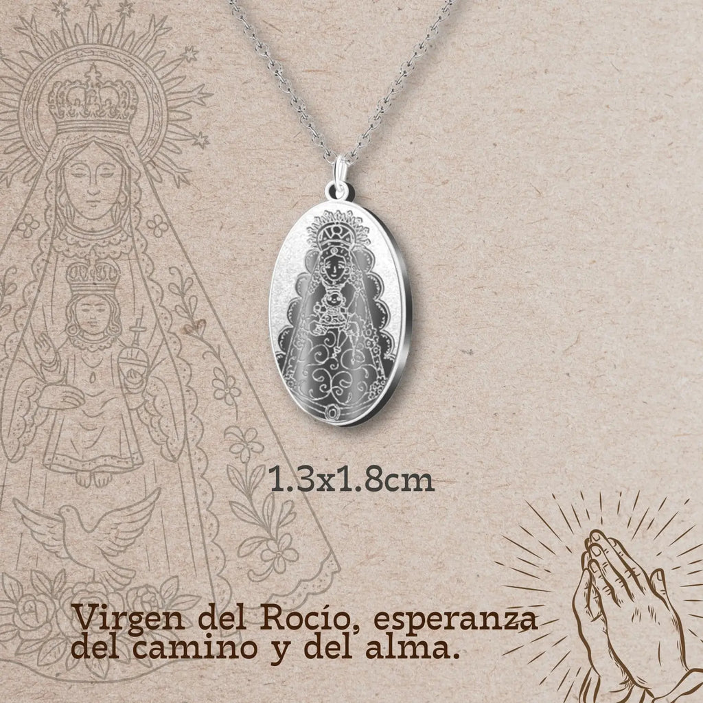 Colgante Virgen del Rocío Medalla Grabada Acero Plateado diseño