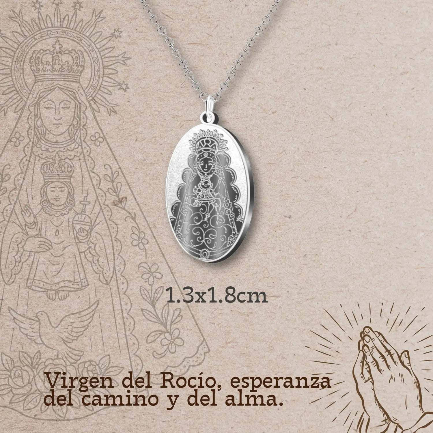 Colgante Virgen del Rocío Medalla Grabada Acero Plateado - cotigo