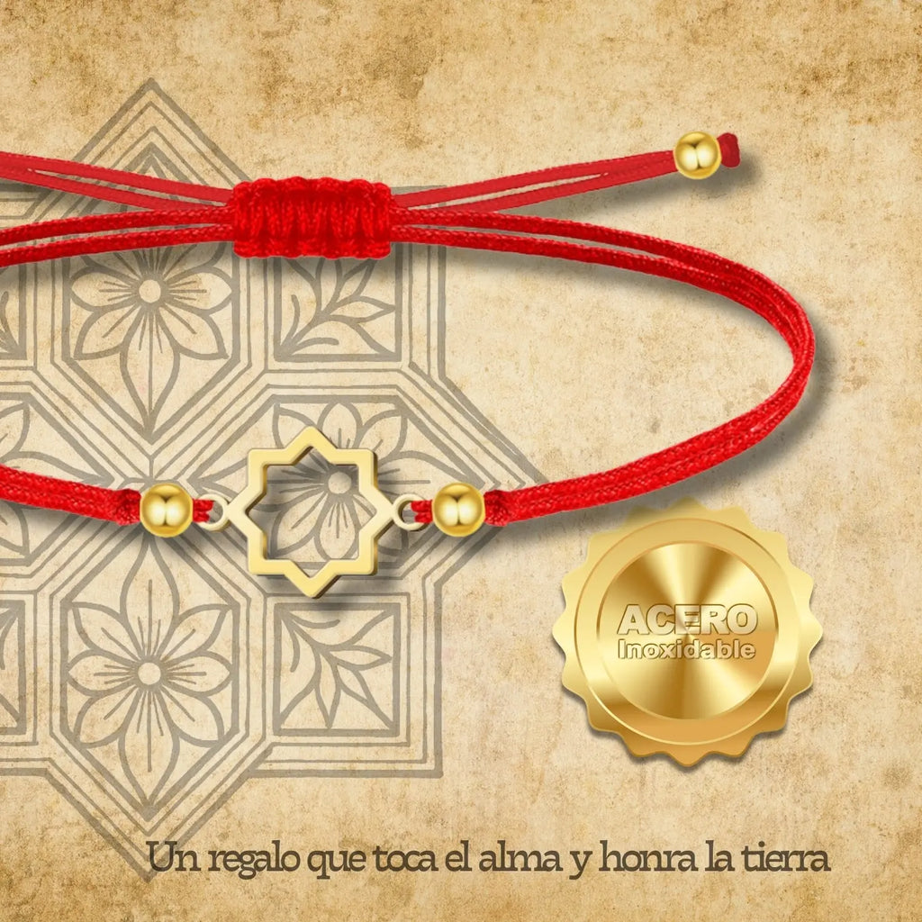 Pulsera de Hilo Rojo con Estrella Mudéjar en Acero Dorado diseño
