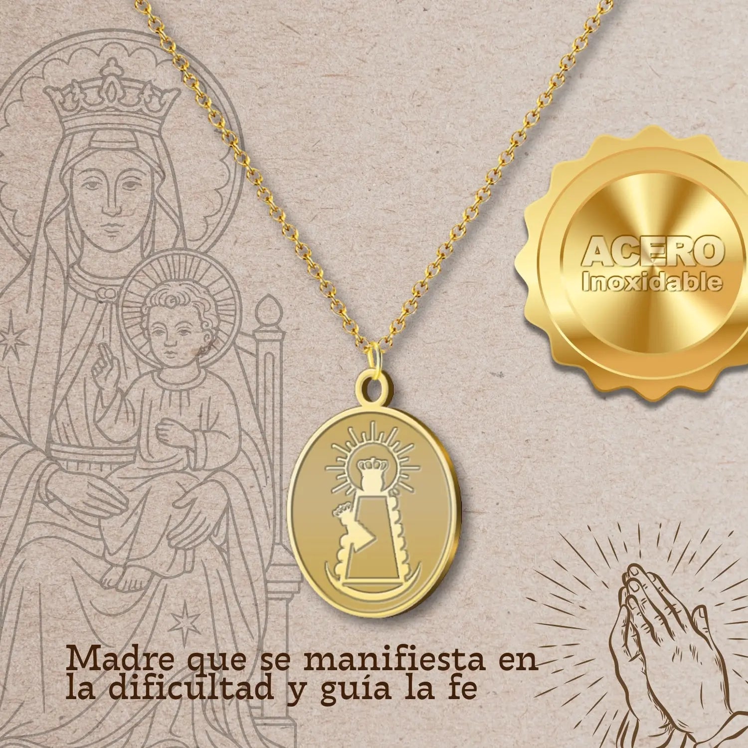 Medalla Virgen de la Bien Aparecida Acero Dorado detalle