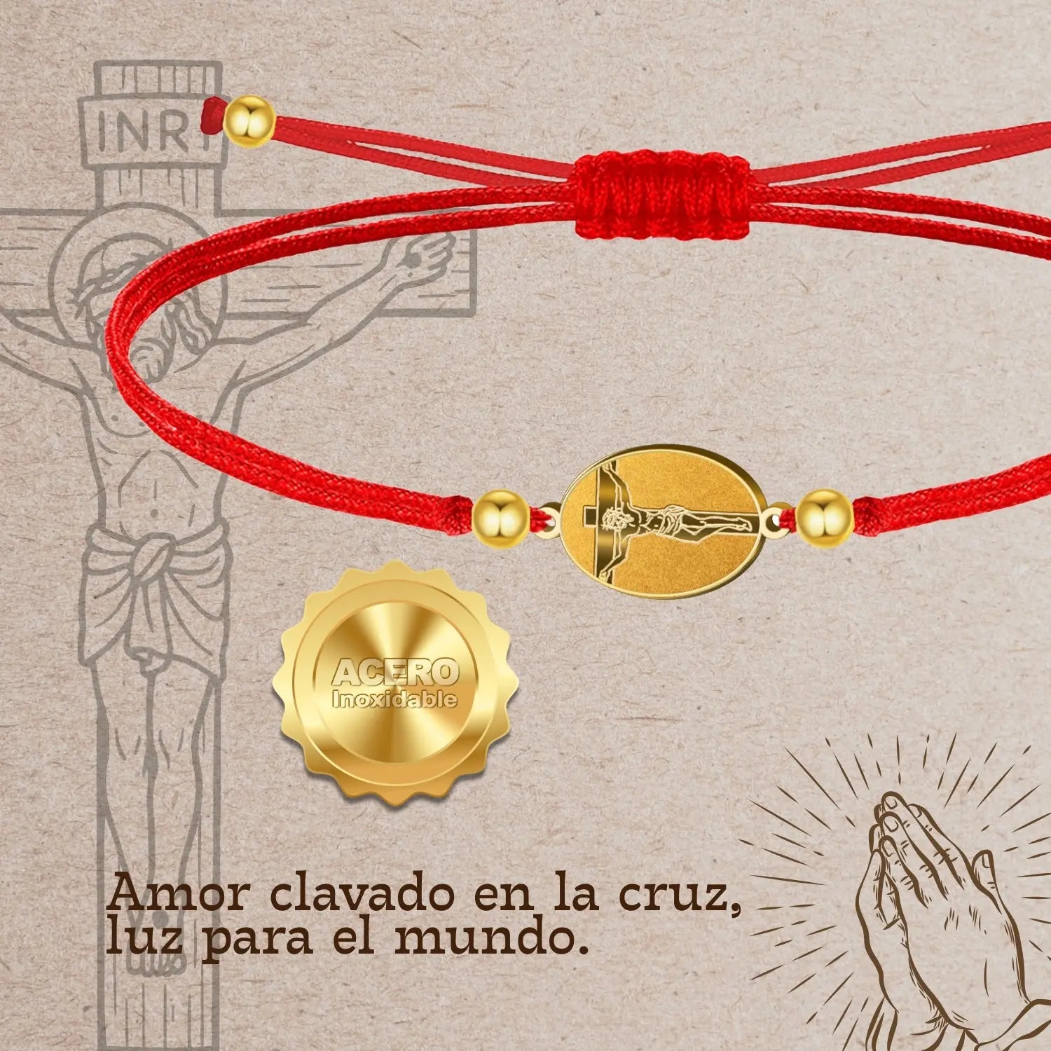 Pulsera Hilo Encerado con Jesús Crucificado color Dorado - cotigo