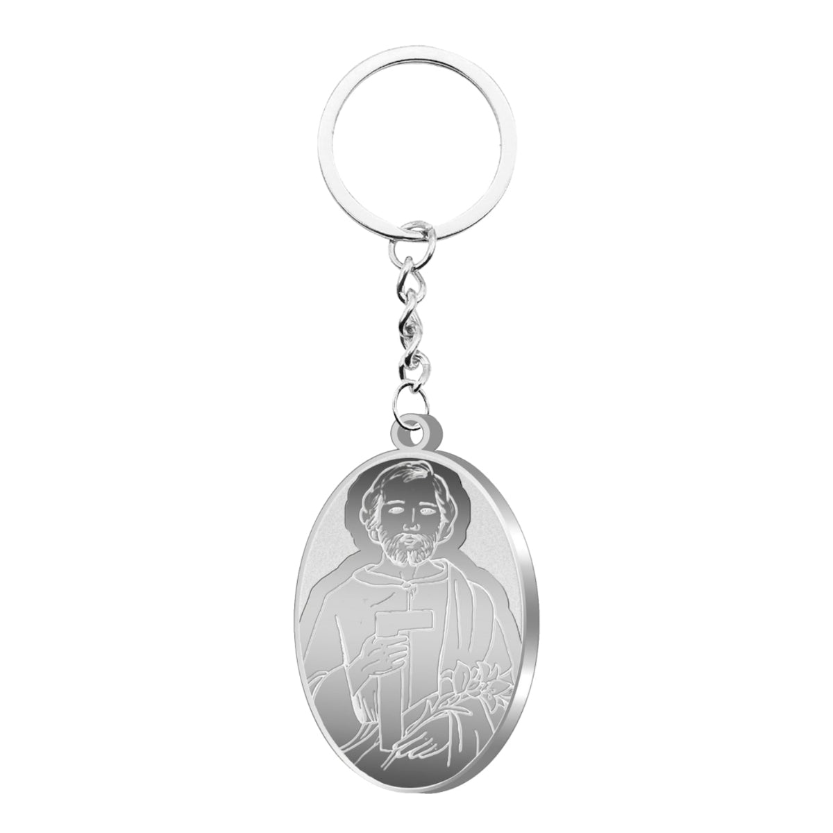 Llavero religioso de acero inoxidable con medalla ovalada de San José Obrero grabado con escuadra de carpintero y lirio, acabado plateado brillante.