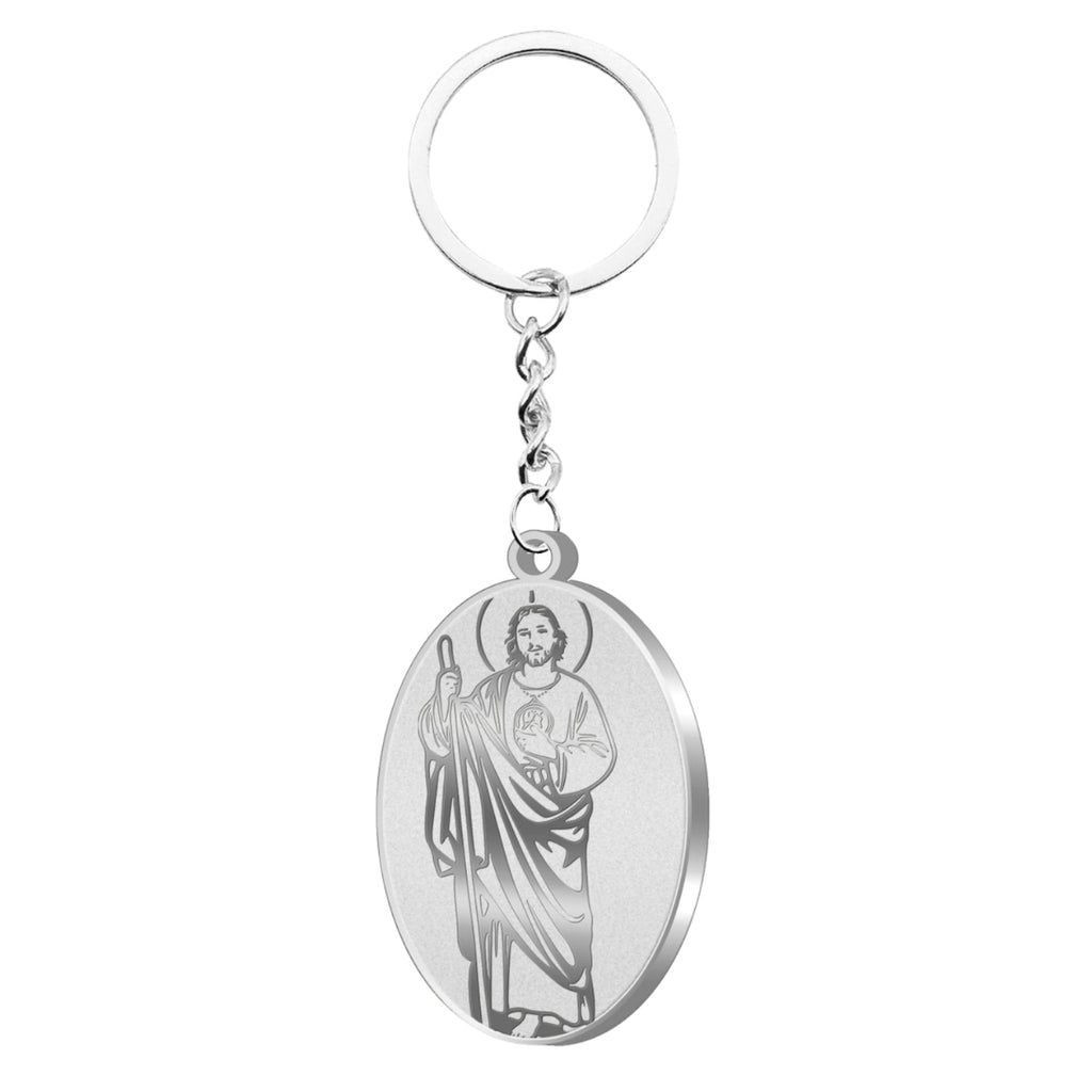 Llavero redondo de acero inoxidable plateado con grabado láser de San Judas Tadeo, amuleto religioso resistente para llaves de coche y casa.
