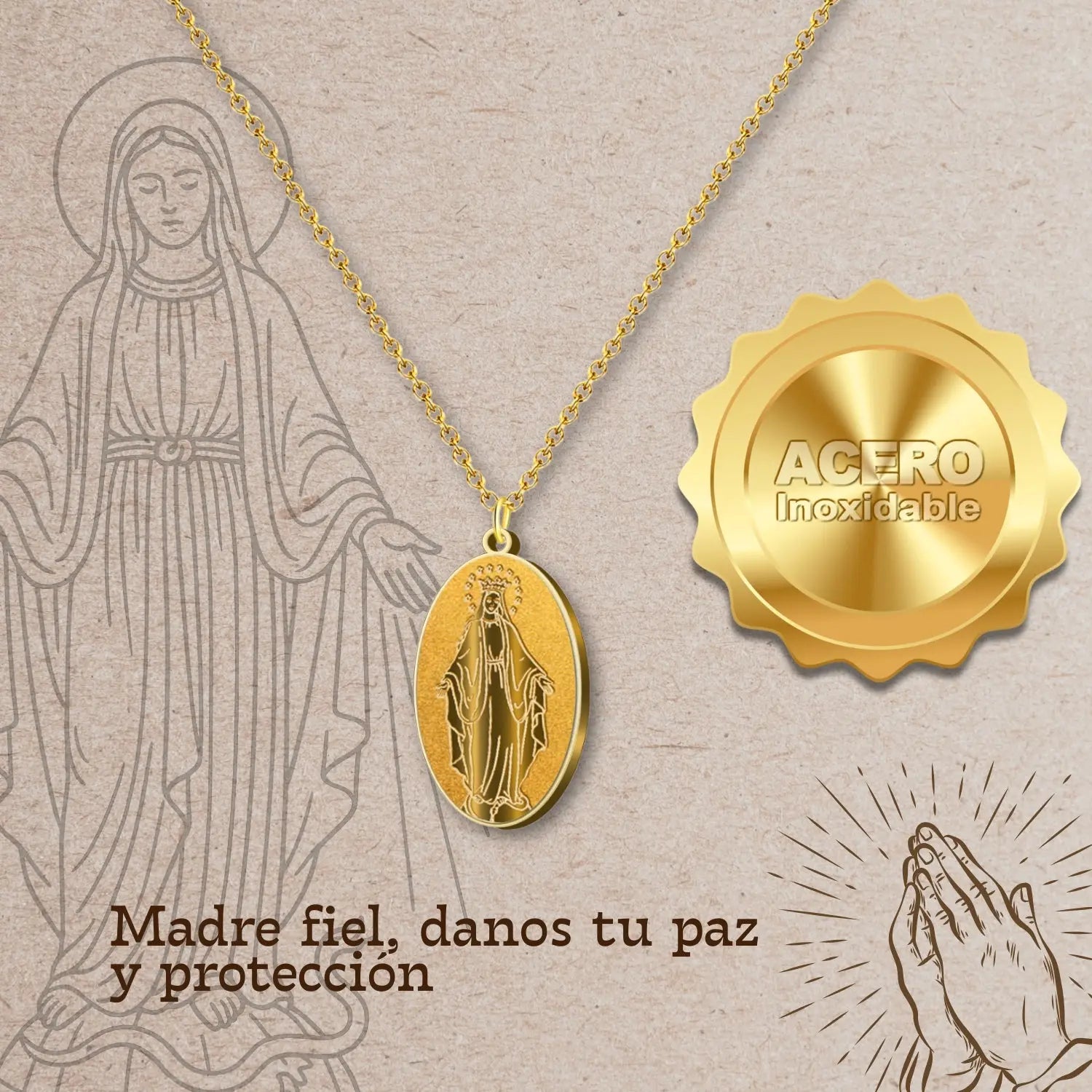 Collar Medalla Milagrosa en Acero Inoxidable Dorado - cotigo