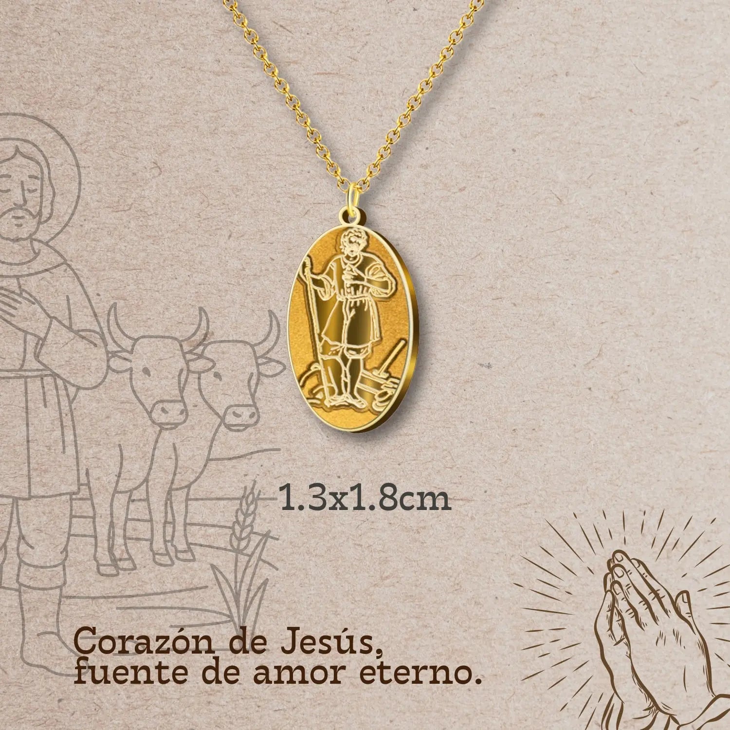 Colgante Medalla de San Isidro Labrador en Acero detalle