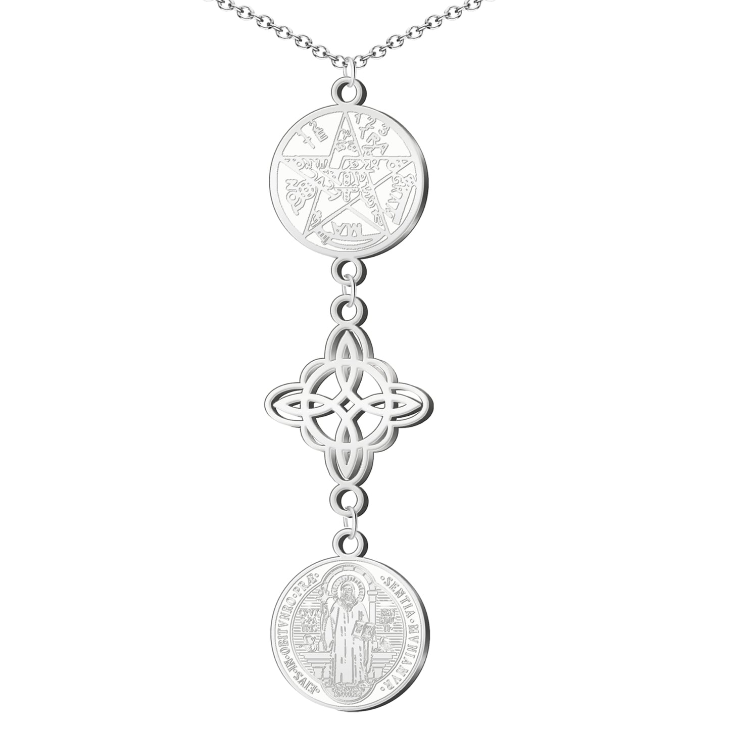 Collar Tetragramatón con Nudo de Bruja y Medalla de San Benito, Acero Inoxidable✨ Amuleto de Protección y Energía Positiva en Acero Inoxidable