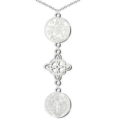 Collar Tetragramatón con Nudo de Bruja y Medalla de San Benito, Acero Inoxidable✨ Amuleto de Protección y Energía Positiva en Acero Inoxidable