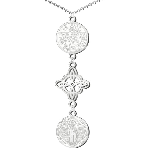 Collar Tetragramatón con Nudo de Bruja y Medalla de San Benito, Acero Inoxidable✨ Amuleto de Protección y Energía Positiva en Acero Inoxidable