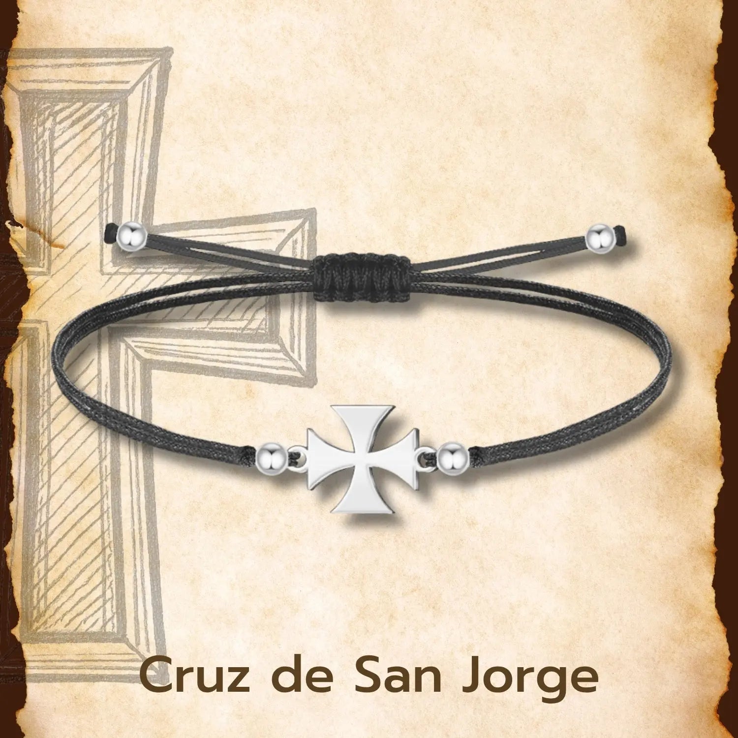 Pulsera Cruz de San Jorge con Hilo Negro en Acero Plateado detalle
