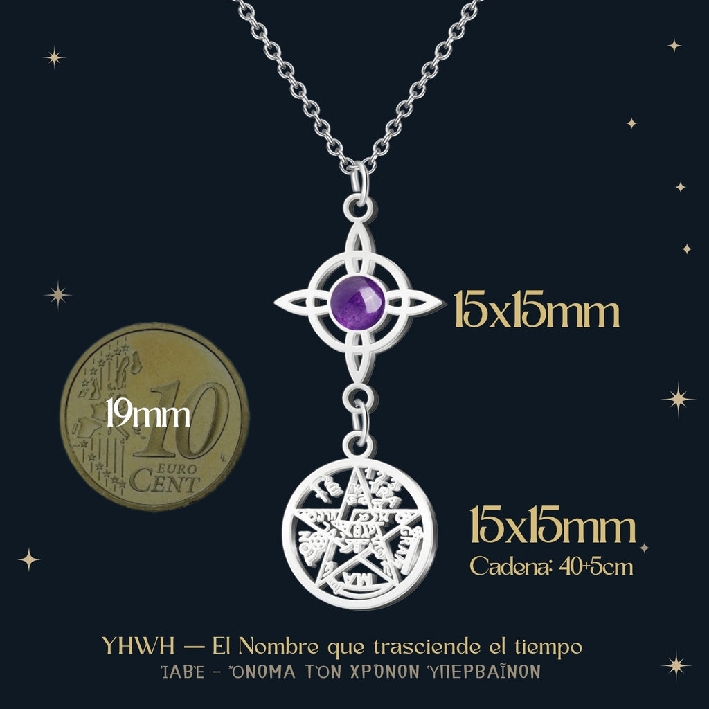 Colgante Tetragrammaton y Nudo de Bruja con Amatista en Acero Plateado - cotigo