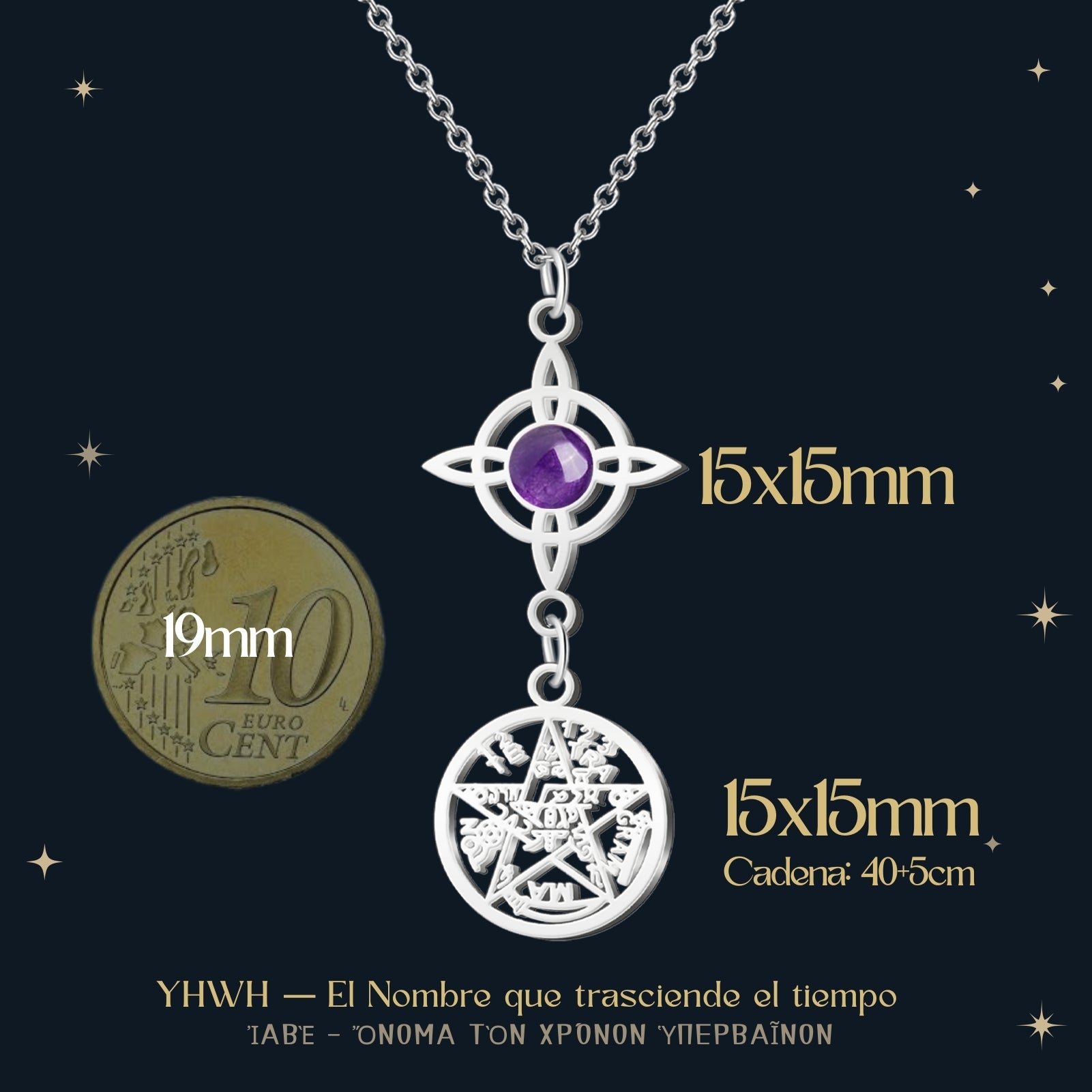 Colgante Tetragrammaton y Nudo de Bruja con Amatista en Acero Plateado - cotigo
