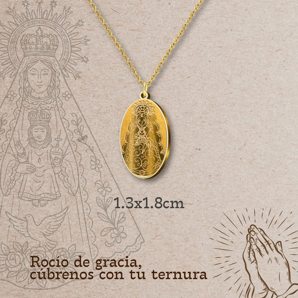 Colgante Virgen del Rocío Medalla Grabada Acero Dorado diseño