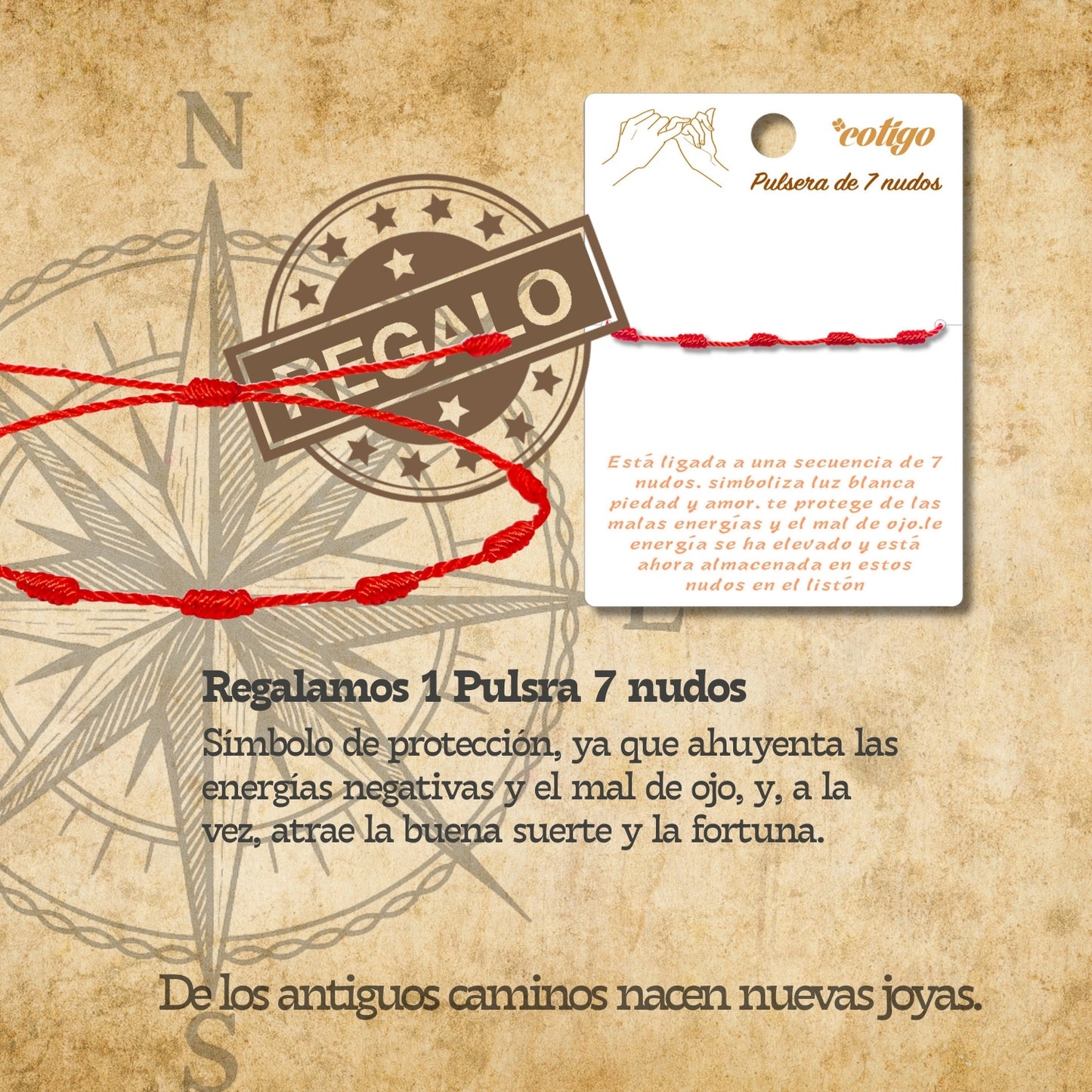 Pulsera Rosa de los Vientos Dorado de Hilo En.Rojo
