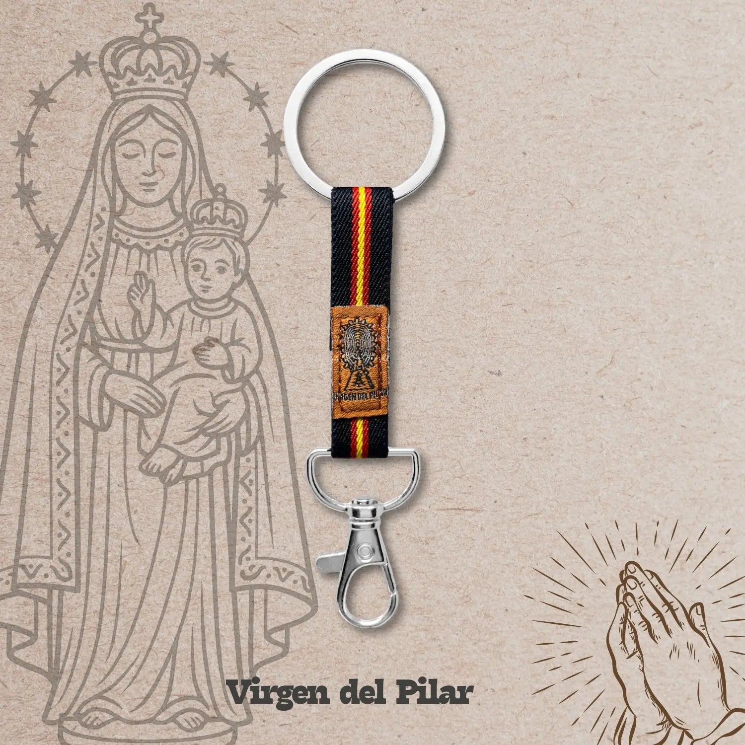 Llavero Virgen del Pilar con Bandera de España y Cinta Azul - cotigo