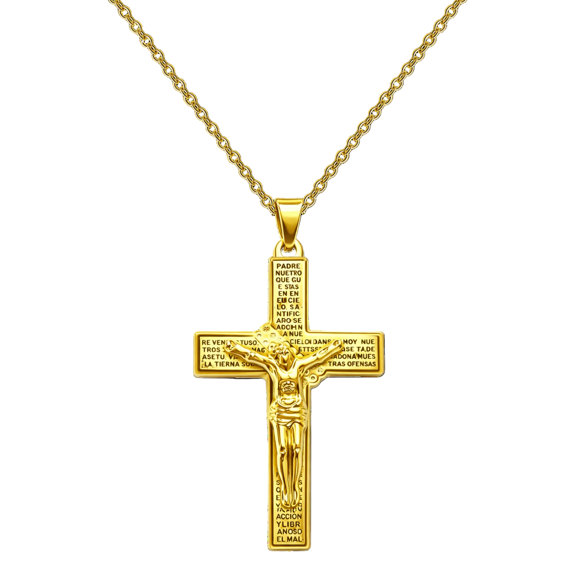 Collar con cruz de Jesús crucificado y oración Padre Nuestro en acero dorado