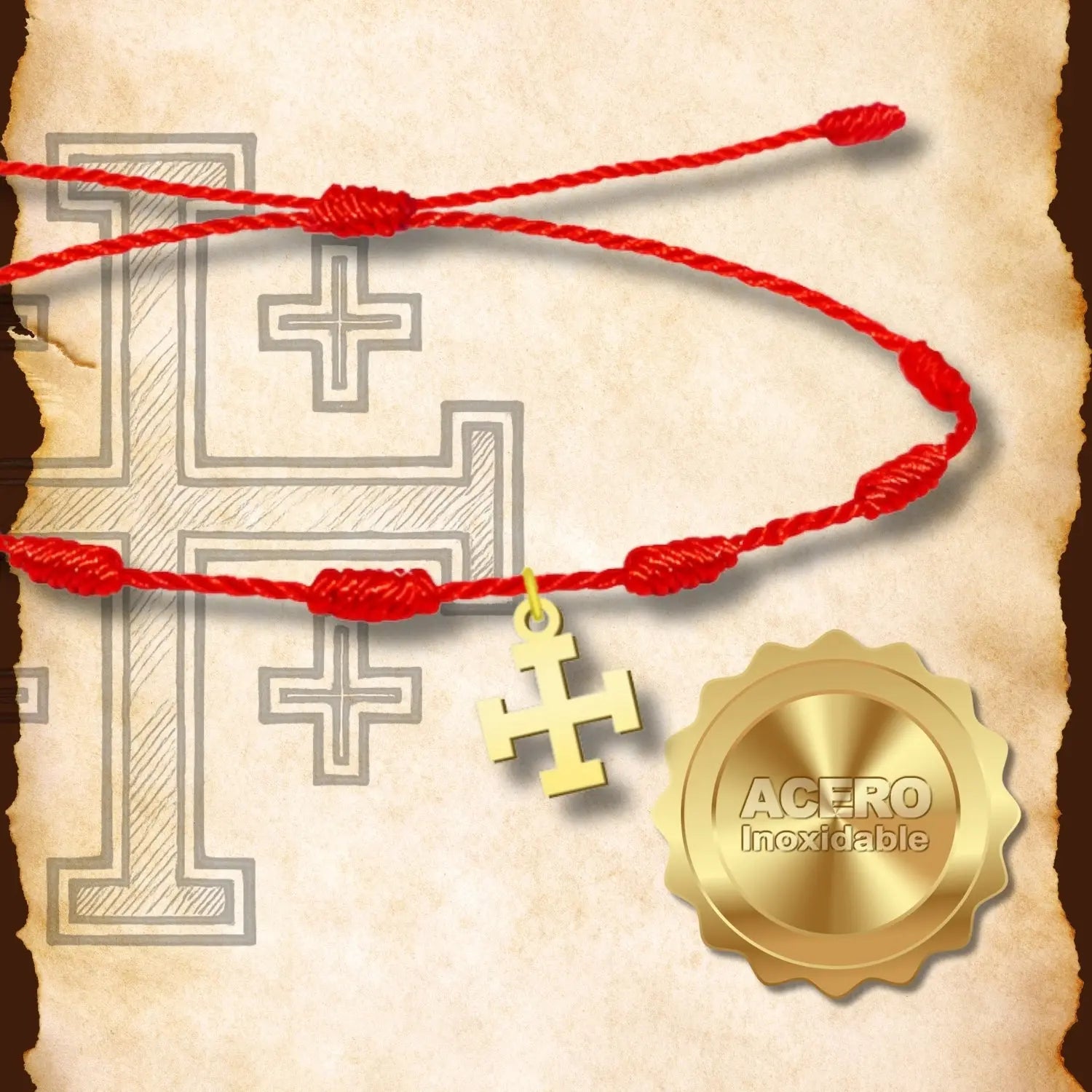 Pulsera 7 Nudos con Cruz Potenzada en Acero Dorado diseño