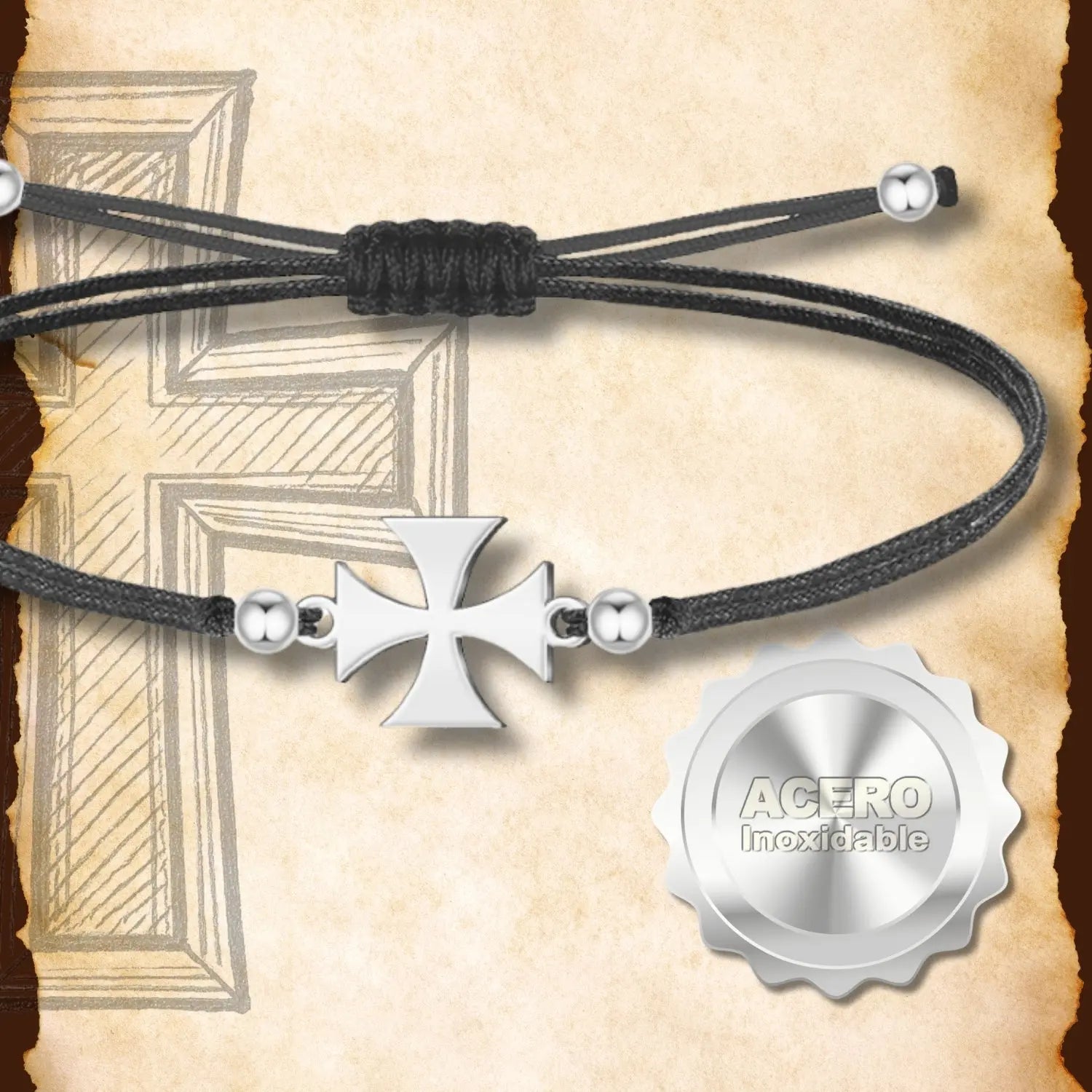Pulsera Cruz de San Jorge con Hilo Negro en Acero Plateado diseño