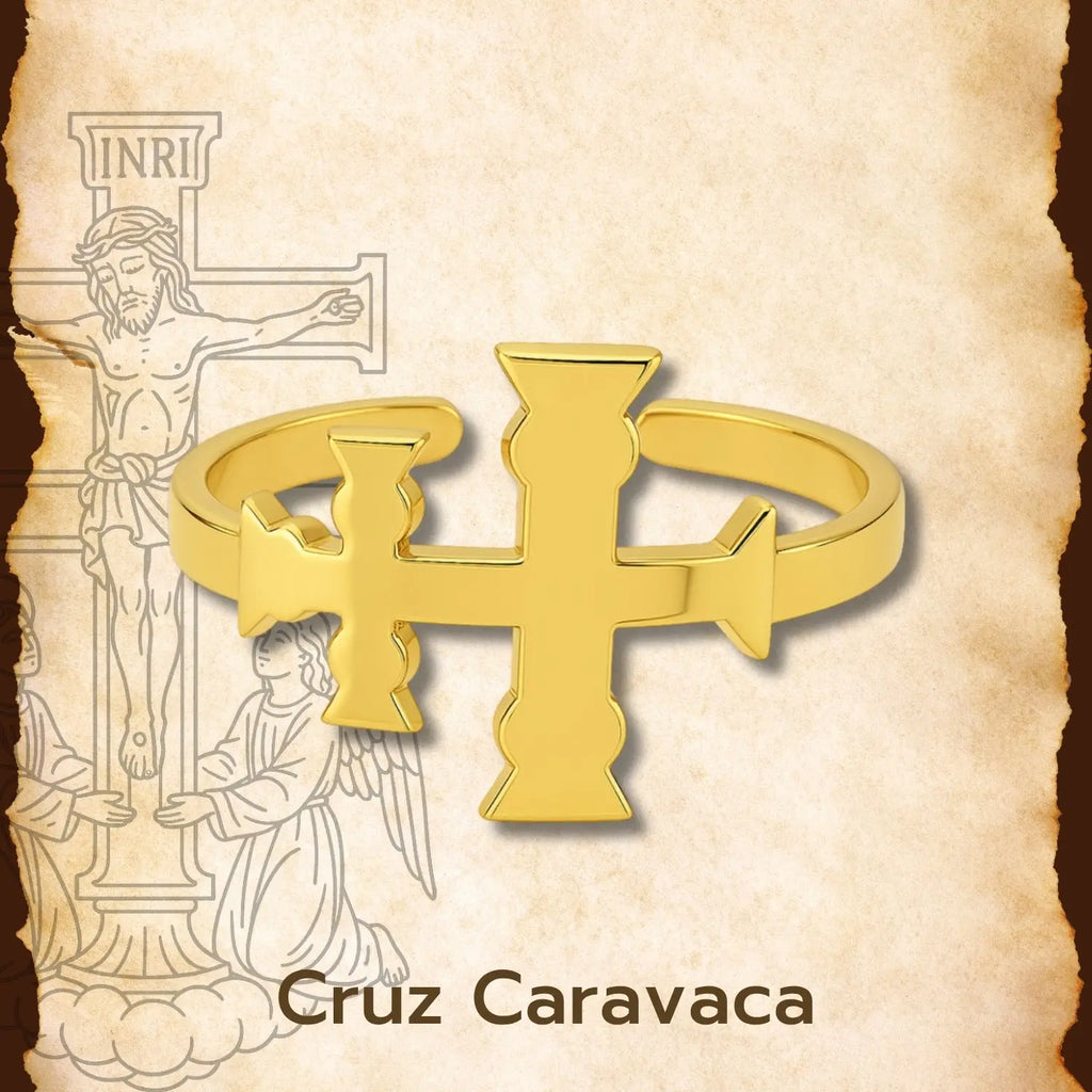 Anillo Cruz de Caravaca Ajustable en Acero Dorado - cotigo