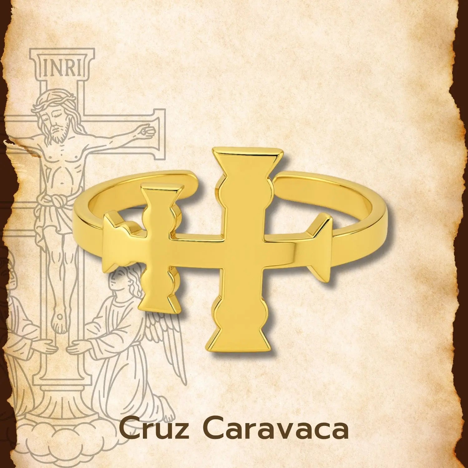 Anillo Cruz de Caravaca Ajustable en Acero Dorado - cotigo
