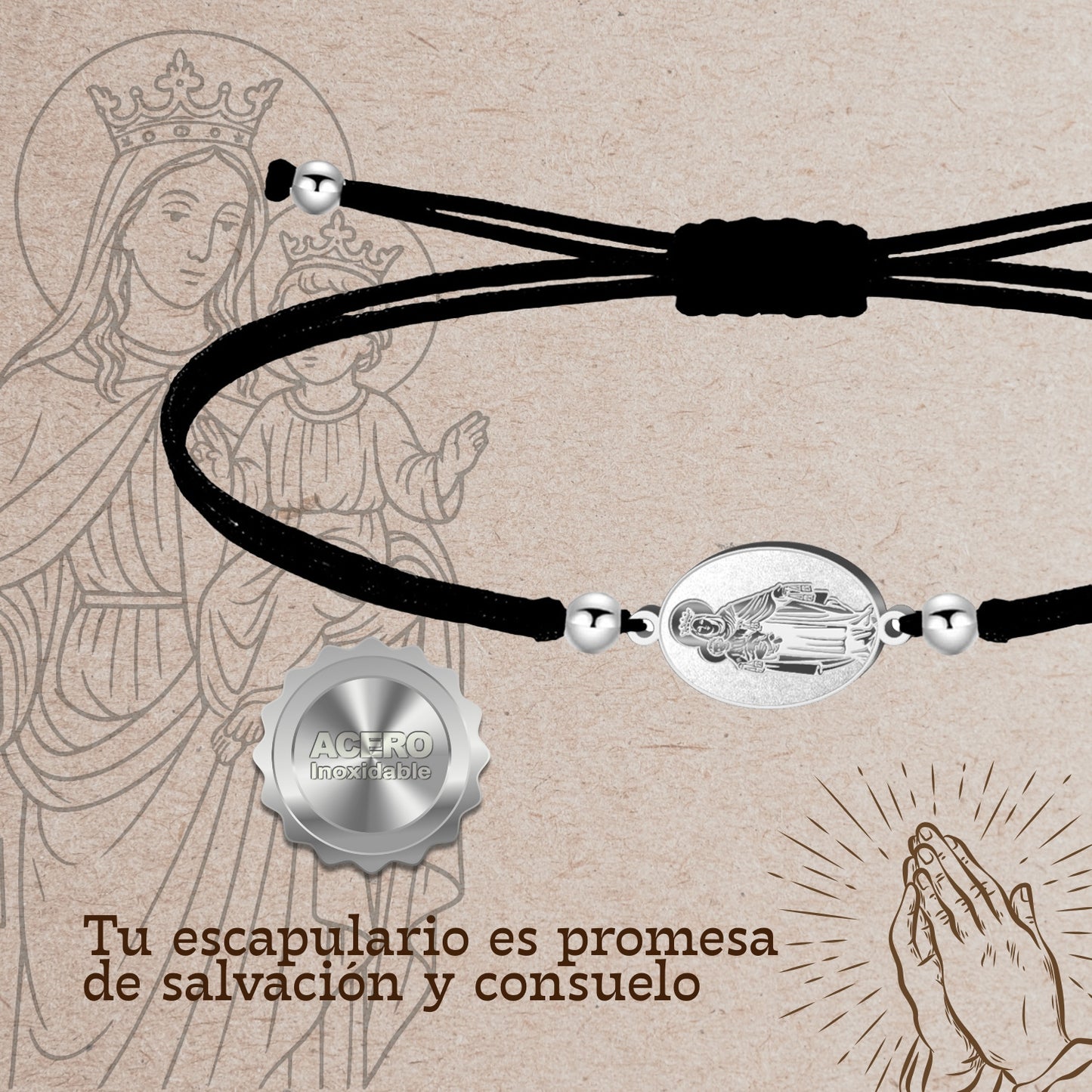 Pulsera Hilo Encerado con Virgen del Carmen color Plateado