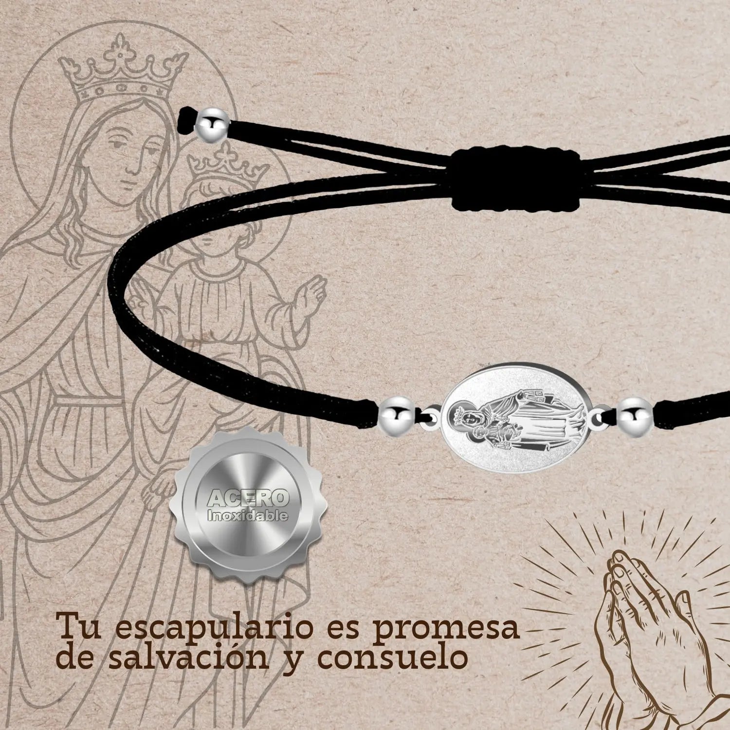 Pulsera Medalla de Virgen del Carmen con Hilo Negro en Acero Plateado detalle