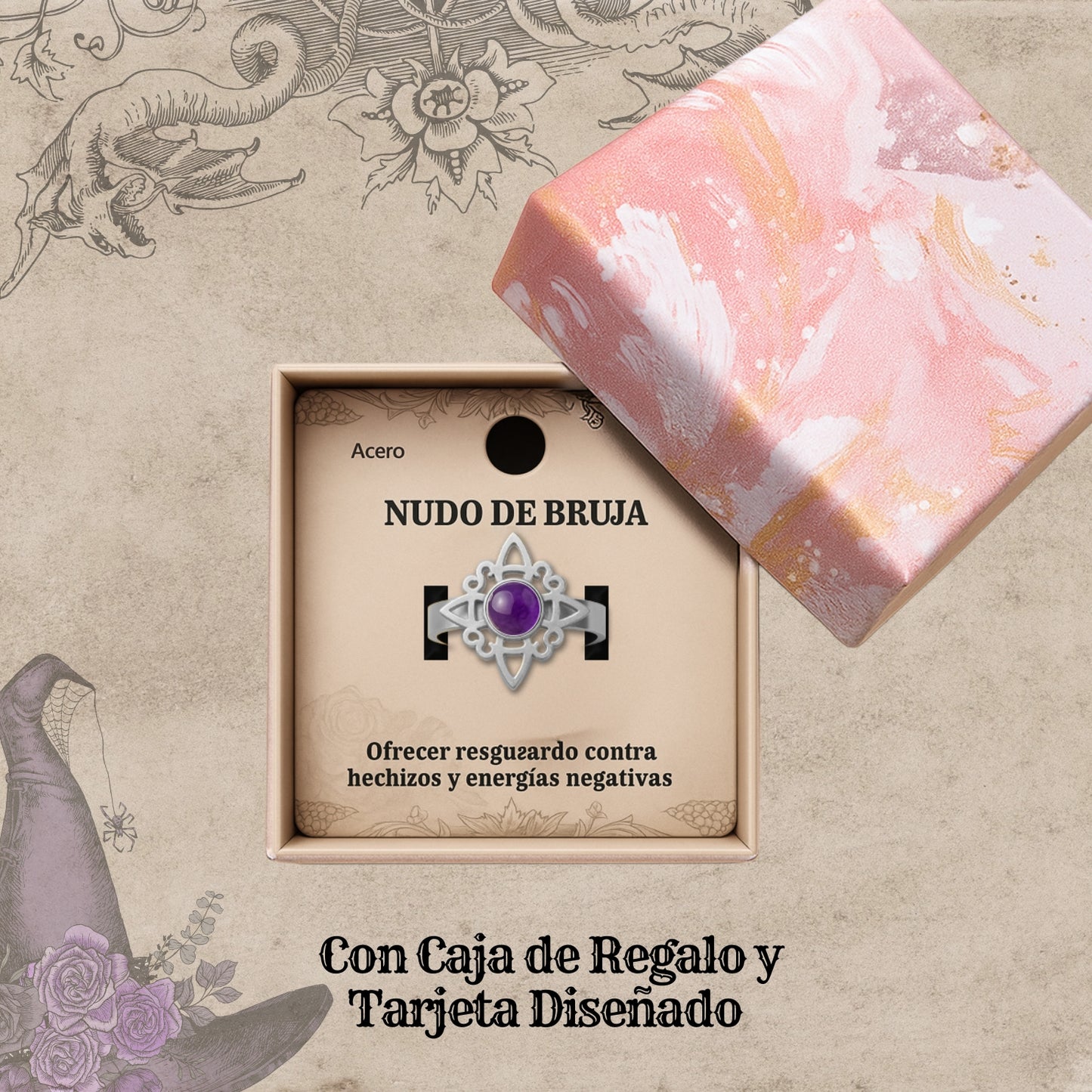 Anillo Nudo de Bruja Acero Plateado con Amatista