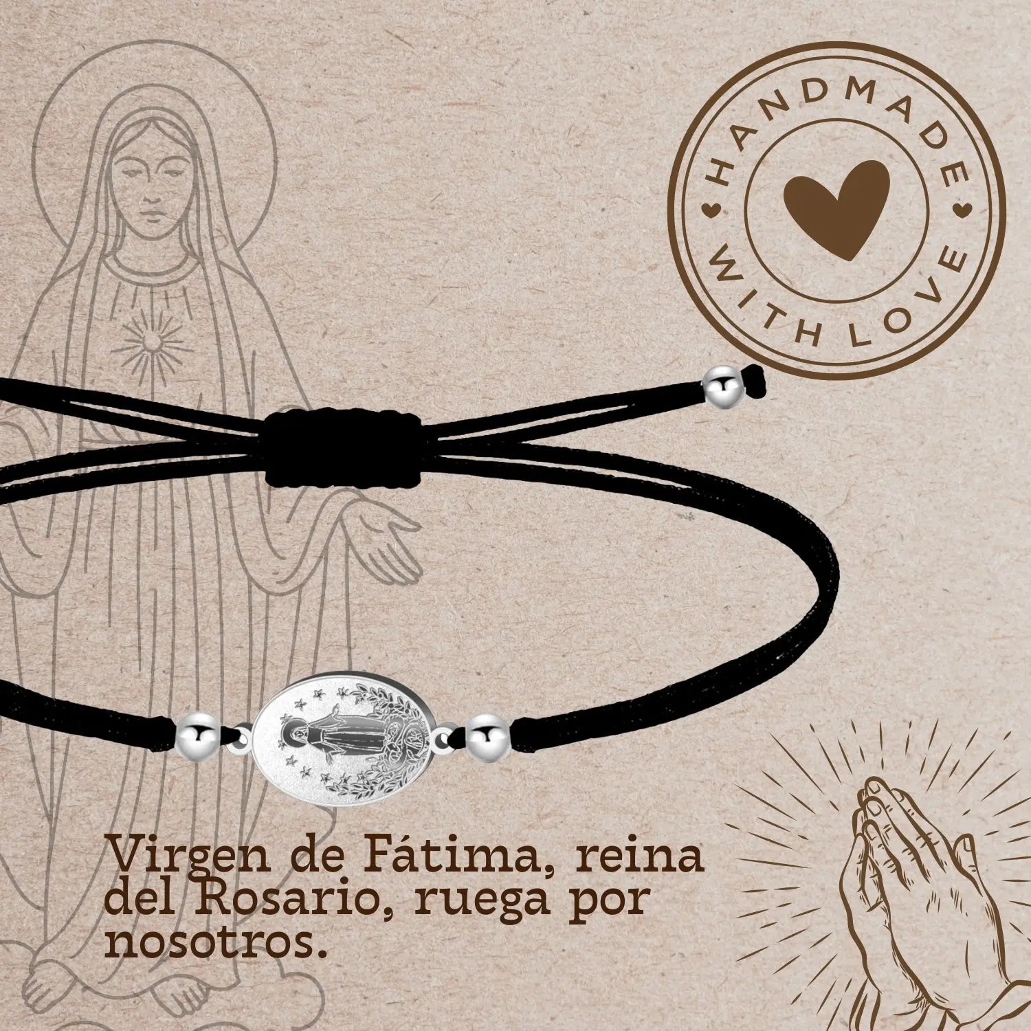 Pulsera Hilo Negro Virgen de Fátima en Acero Plateado - cotigo