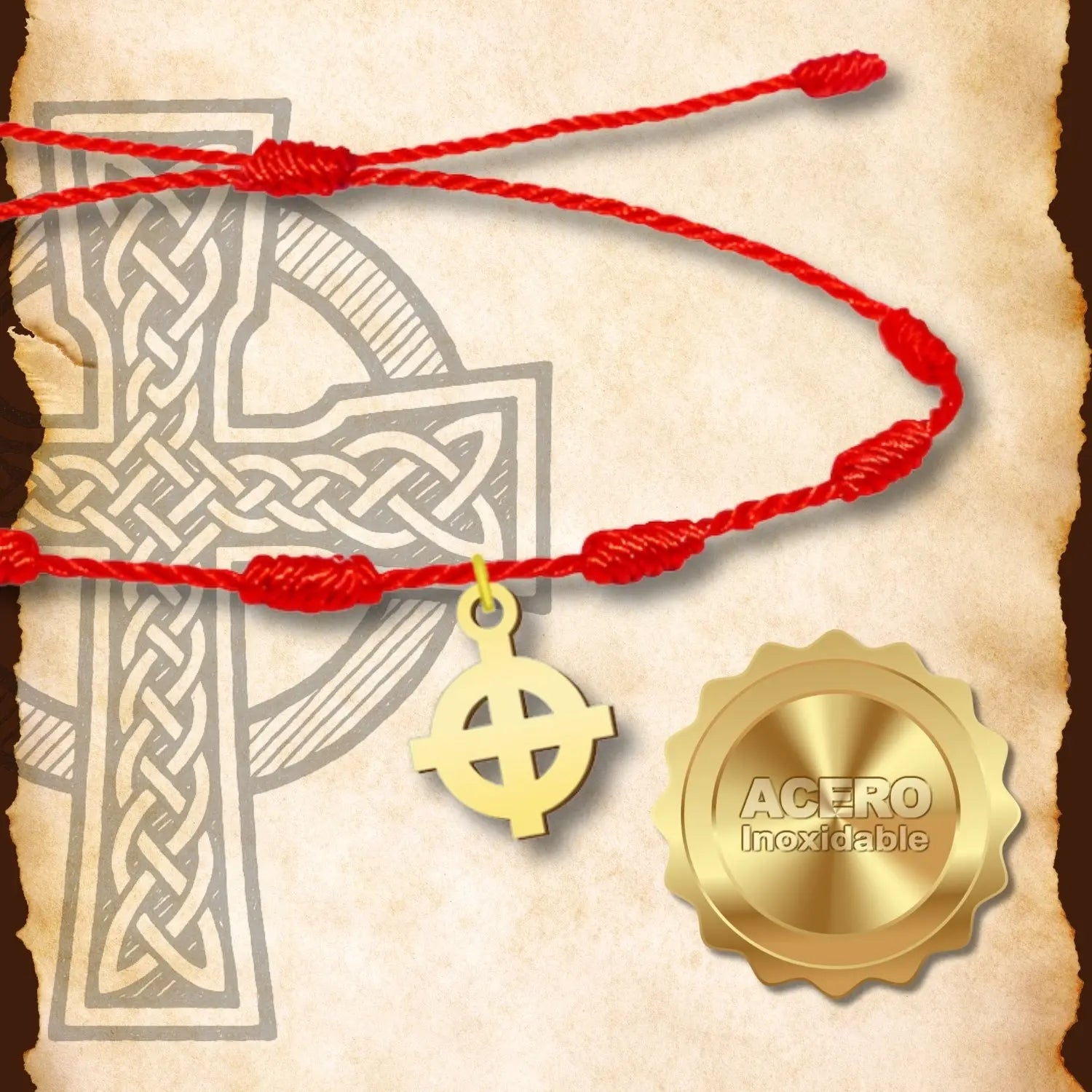 Pulsera de los 7 Nudos con Cruz Celta en Acero Dorado textura