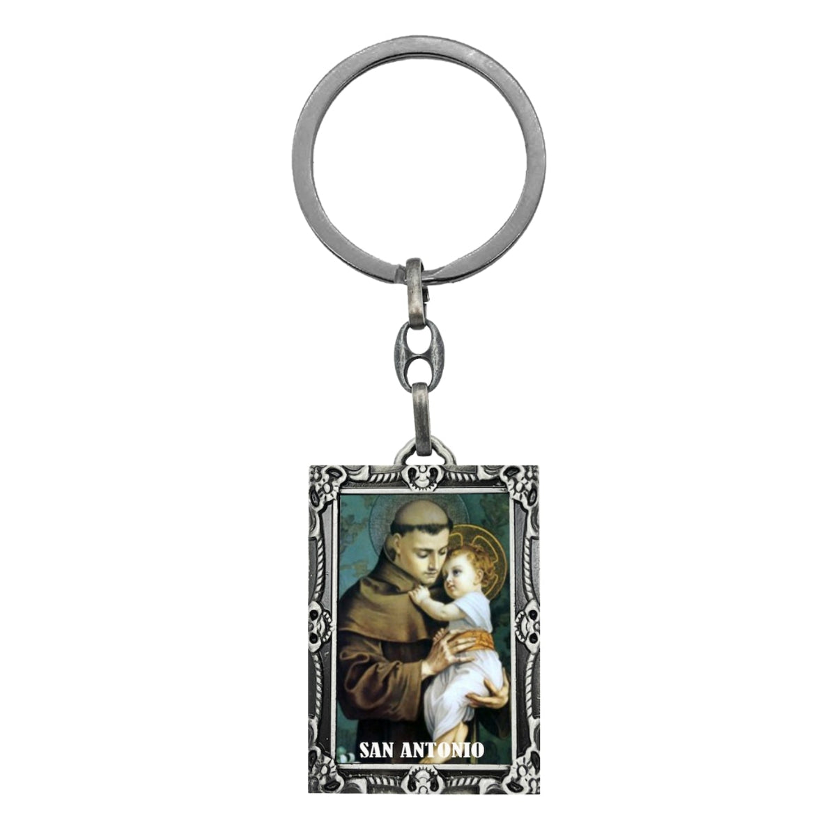 Llavero rectangular de San Antonio de Padua con imagen a todo color y marco metálico ornamentado estilo vintage, ideal para protección y devoción.