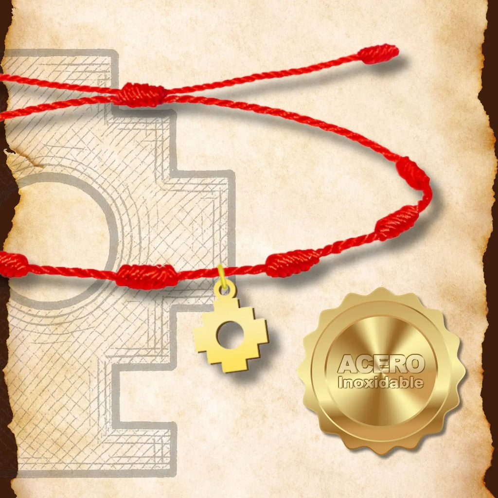 Pulsera 7 Nudos con Cruz Chacana en Acero Dorado textura