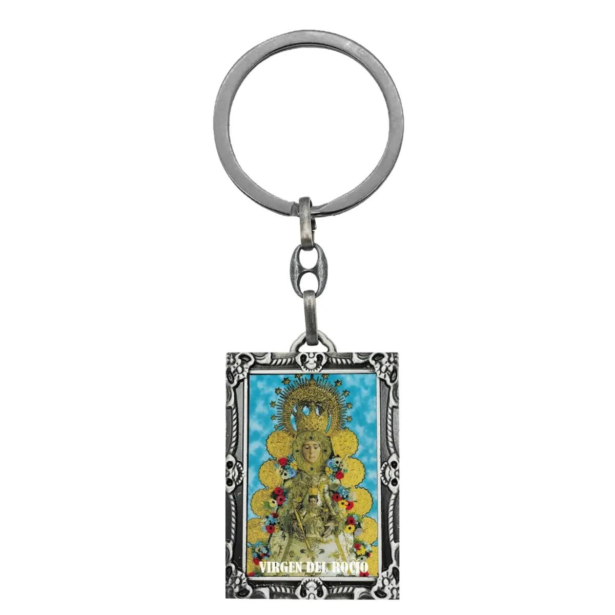 Llavero metálico plateado con marco ornamentado e imagen a todo color de la Virgen del Rocío con fondo de cielo azul