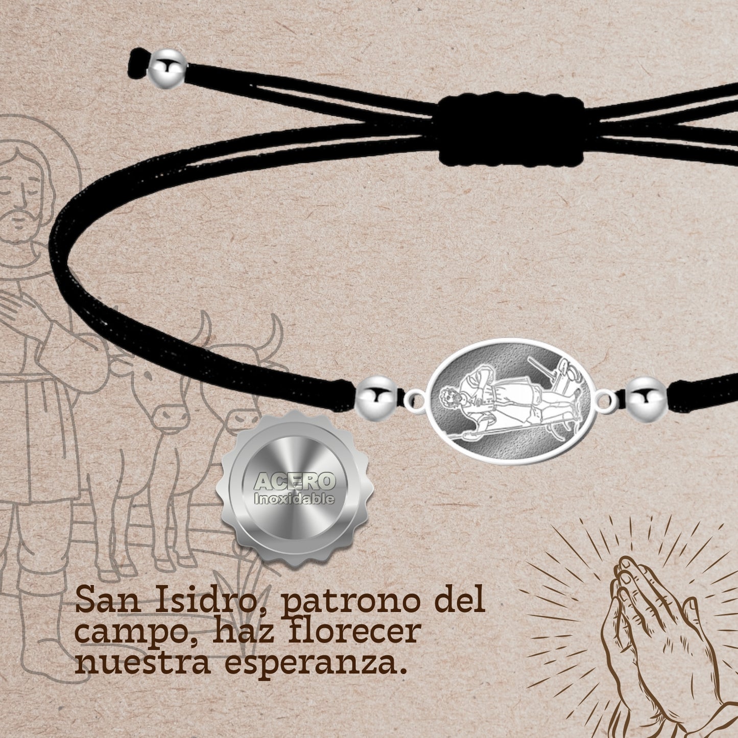 Pulsera Hilo Encerado con SAN ISIDRO LABRADOR color Plateado