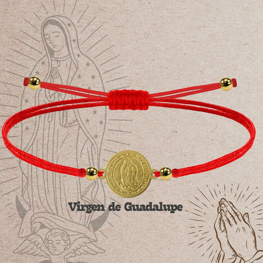 Pulsera Hilo encerado Rojo-Virgen Guadalupe Dorado